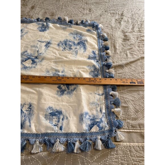 VTG Blue Toile Sm Side Table Cloth lined Tassel Trim Custom made 27in square - Picture 4 of 9